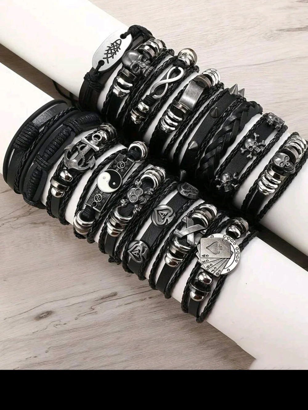 Black Layered Men’s Leather Bracelet Set - 30 Pieces MIX